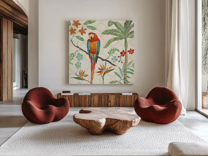 Tropical Paradise II by Daphne Brissonnet. Shown as extra-large giant wall art in a modern living room. Available as an archival giclee rolled canvas, fine art paper, or poster print. SKU 10569a.