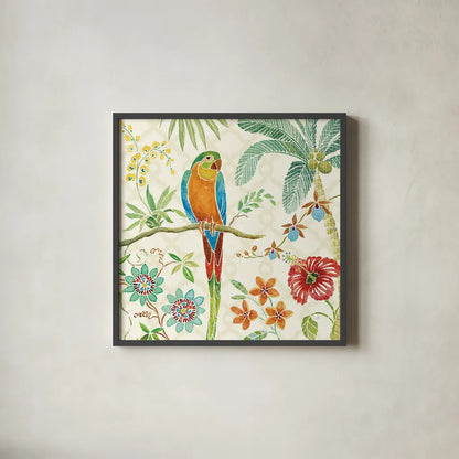 Tropical Paradise IV by Daphne Brissonnet. Shown in a sleek black glass frame for a contemporary gallery look. Available as an archival giclee rolled canvas, fine art paper, or poster print. SKU 10925a.