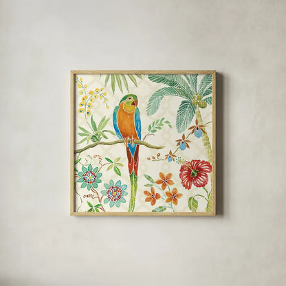 Tropical Paradise IV by Daphne Brissonnet. Shown in a natural wood glass frame for a timeless modern aesthetic. Available as an archival giclee rolled canvas, fine art paper, or poster print. SKU 10925a.