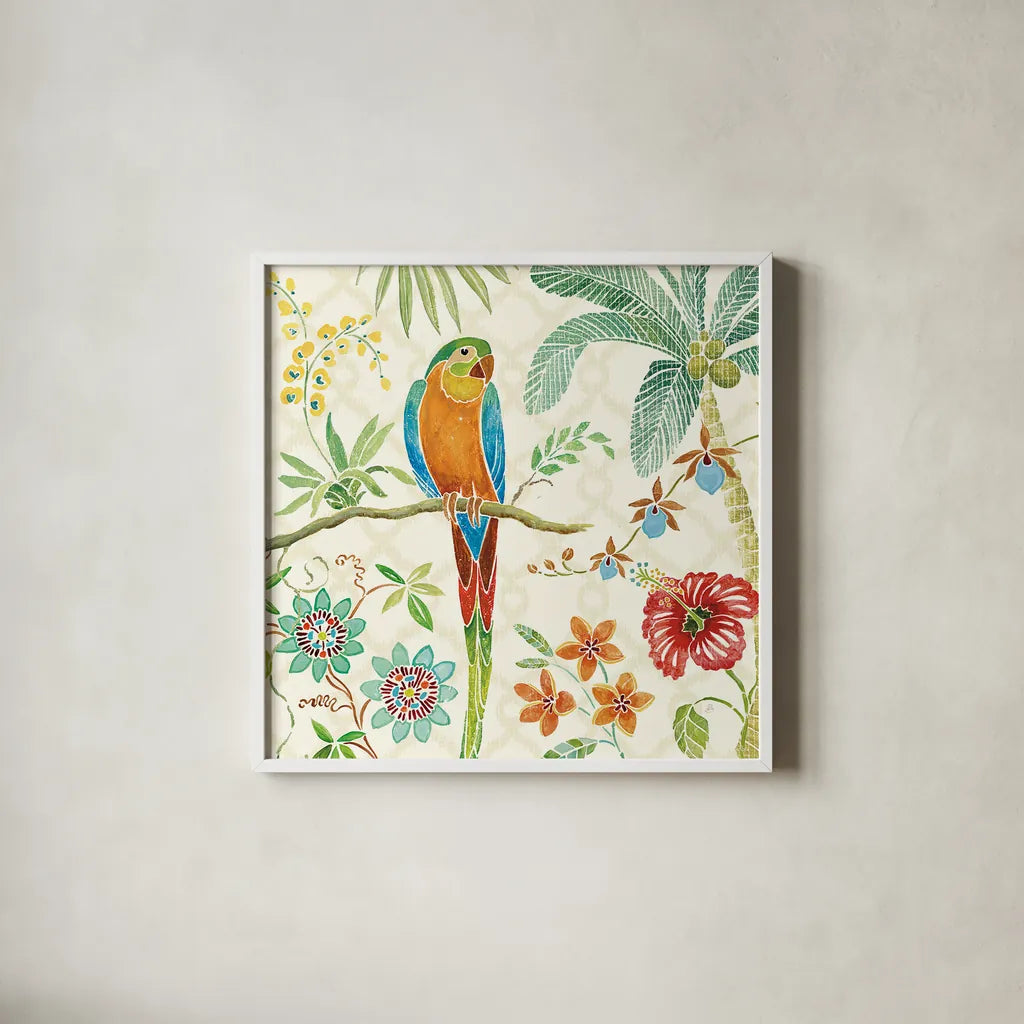 Tropical Paradise IV by Daphne Brissonnet. Shown in a crisp white glass frame for a clean and minimalist style. Available as an archival giclee rolled canvas, fine art paper, or poster print. SKU 10925a.