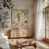 Tropical Paradise IV by Daphne Brissonnet. Shown in a natural wood frame in a cozy modern living room. Available as an archival giclee rolled canvas, fine art paper, or poster print. SKU 10925a.
