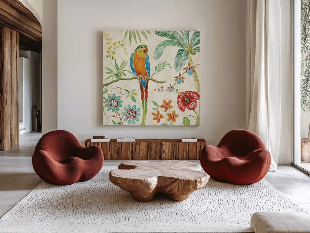 Tropical Paradise IV by Daphne Brissonnet. Shown as extra-large giant wall art in a modern living room. Available as an archival giclee rolled canvas, fine art paper, or poster print. SKU 10925a.