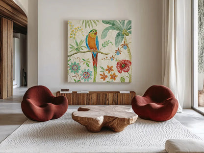 Tropical Paradise IV by Daphne Brissonnet. Shown as extra-large giant wall art in a modern living room. Available as an archival giclee rolled canvas, fine art paper, or poster print. SKU 10925a.