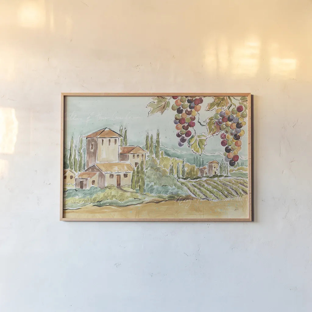 Tuscan Breeze I No Poppies by Daphne Brissonnet. shown as a paper print in a natural frame. Available as a archival giclee rolled canvas, fine art paper, or poster print. SKU 37967i.