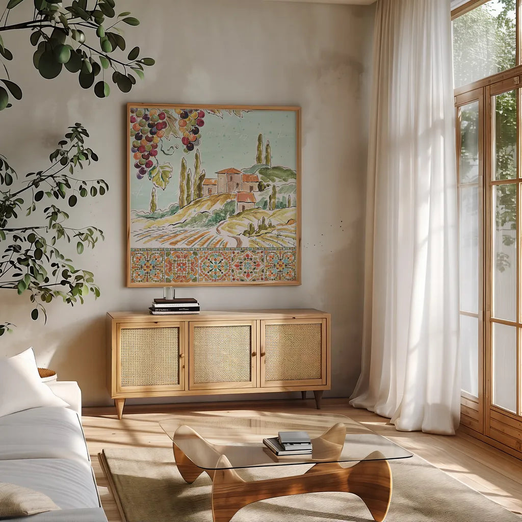 Tuscan Breeze III by Daphne Brissonnet. Shown in a natural wood frame in a cozy modern living room. Available as an archival giclee rolled canvas, fine art paper, or poster print. SKU 37480a.