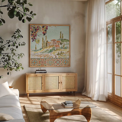 Tuscan Breeze III by Daphne Brissonnet. Shown in a natural wood frame in a cozy modern living room. Available as an archival giclee rolled canvas, fine art paper, or poster print. SKU 37480a.