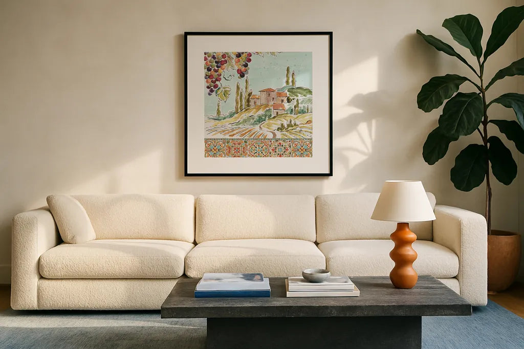 Tuscan Breeze III by Daphne Brissonnet. Displayed in a glass frame with matte in a clean modern living room. Available as an archival giclee rolled canvas, fine art paper, or poster print. SKU 37480a.