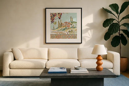 Tuscan Breeze III by Daphne Brissonnet. Displayed in a glass frame with matte in a clean modern living room. Available as an archival giclee rolled canvas, fine art paper, or poster print. SKU 37480a.