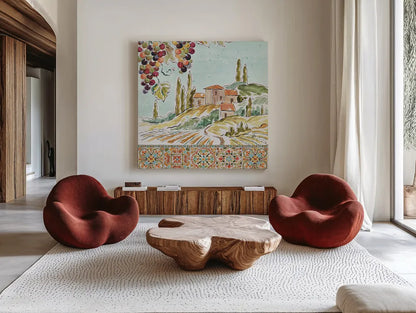 Tuscan Breeze III by Daphne Brissonnet. Shown as extra-large giant wall art in a modern living room. Available as an archival giclee rolled canvas, fine art paper, or poster print. SKU 37480a.