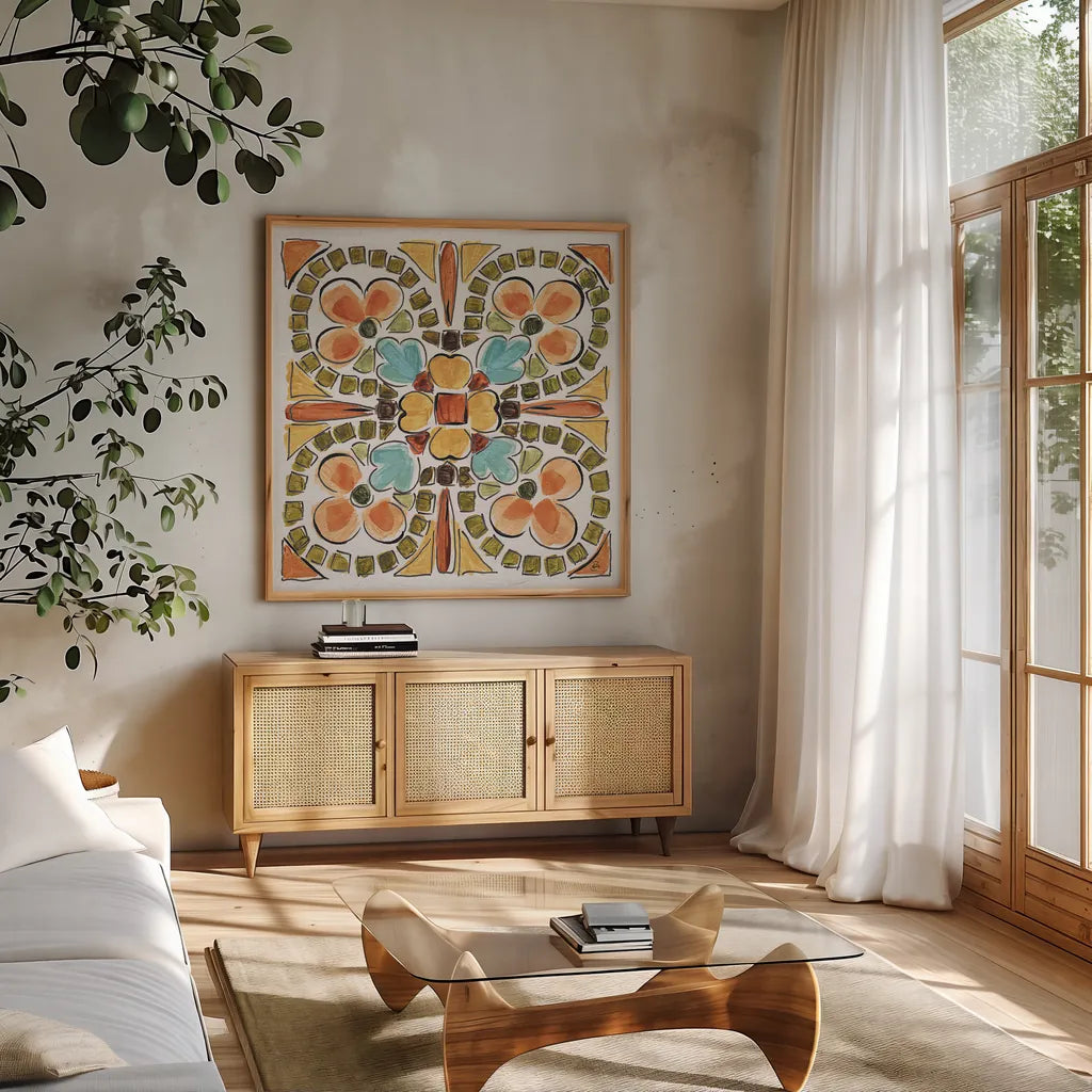 Tuscan Breeze IX by Daphne Brissonnet. Shown in a natural wood frame in a cozy modern living room. Available as an archival giclee rolled canvas, fine art paper, or poster print. SKU 37486a.