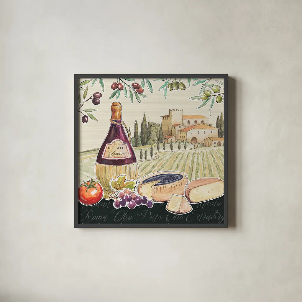 Tuscan Flavor II by Daphne Brissonnet. Shown in a sleek black glass frame for a contemporary gallery look. Available as an archival giclee rolled canvas, fine art paper, or poster print. SKU 44008a.