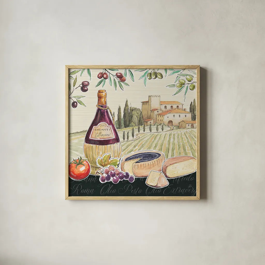 Tuscan Flavor II by Daphne Brissonnet. Shown in a natural wood glass frame for a timeless modern aesthetic. Available as an archival giclee rolled canvas, fine art paper, or poster print. SKU 44008a.