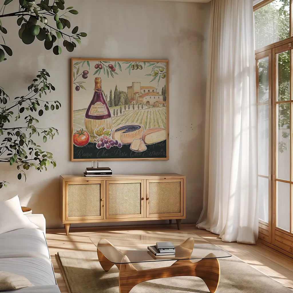 Tuscan Flavor II by Daphne Brissonnet. Shown in a natural wood frame in a cozy modern living room. Available as an archival giclee rolled canvas, fine art paper, or poster print. SKU 44008a.