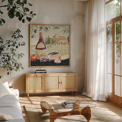 Tuscan Flavor II by Daphne Brissonnet. Shown in a natural wood frame in a cozy modern living room. Available as an archival giclee rolled canvas, fine art paper, or poster print. SKU 44008a.