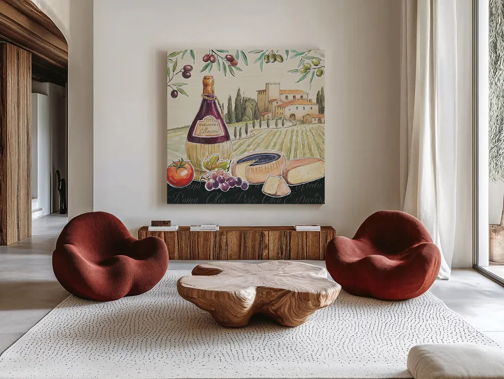 Tuscan Flavor II by Daphne Brissonnet. Shown as extra-large giant wall art in a modern living room. Available as an archival giclee rolled canvas, fine art paper, or poster print. SKU 44008a.