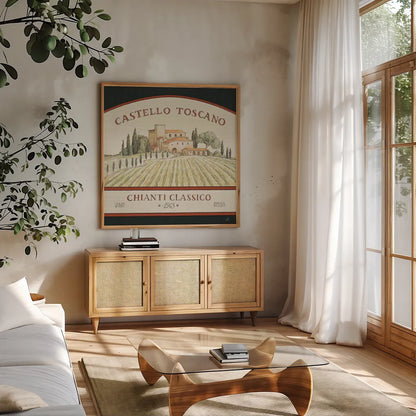 Tuscan Flavor IV by Daphne Brissonnet. Shown in a natural wood frame in a cozy modern living room. Available as an archival giclee rolled canvas, fine art paper, or poster print. SKU 44010a.