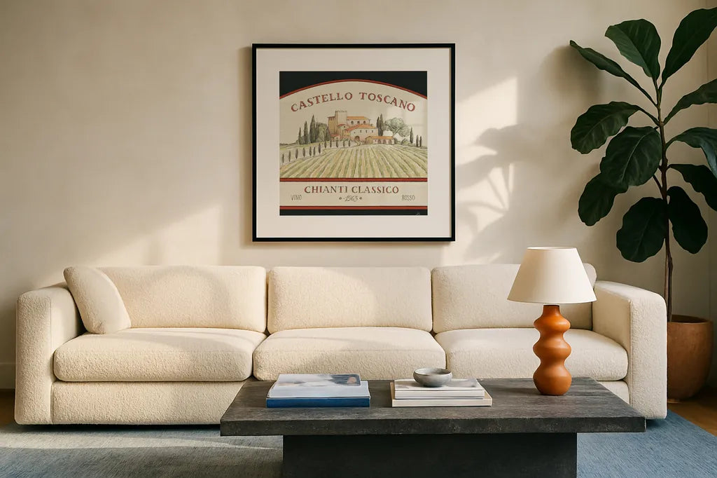 Tuscan Flavor IV by Daphne Brissonnet. Displayed in a glass frame with matte in a clean modern living room. Available as an archival giclee rolled canvas, fine art paper, or poster print. SKU 44010a.