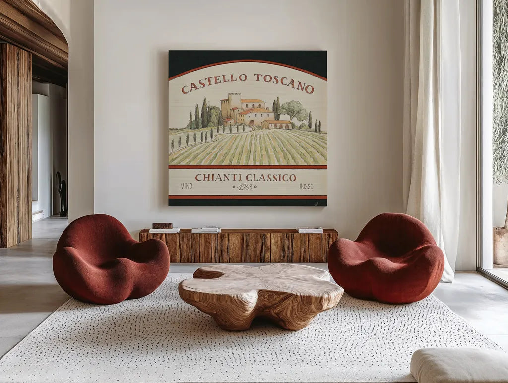 Tuscan Flavor IV by Daphne Brissonnet. Shown as extra-large giant wall art in a modern living room. Available as an archival giclee rolled canvas, fine art paper, or poster print. SKU 44010a.