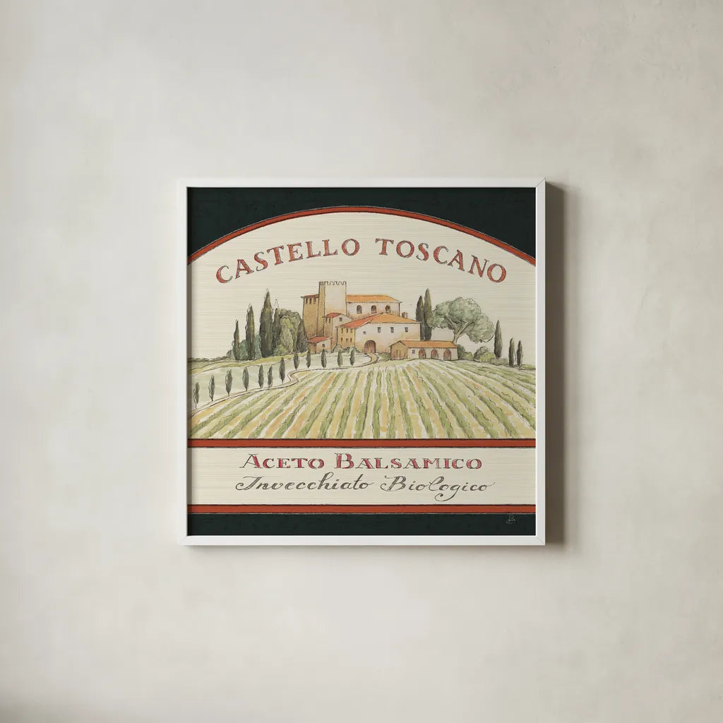 Tuscan Flavor IV Balsamic by Daphne Brissonnet. Shown in a crisp white glass frame for a clean and minimalist style. Available as an archival giclee rolled canvas, fine art paper, or poster print. SKU 48715a.