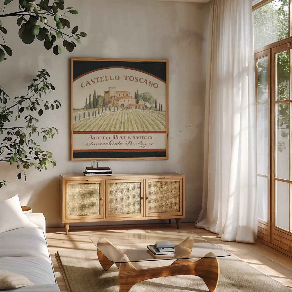 Tuscan Flavor IV Balsamic by Daphne Brissonnet. Shown in a natural wood frame in a cozy modern living room. Available as an archival giclee rolled canvas, fine art paper, or poster print. SKU 48715a.