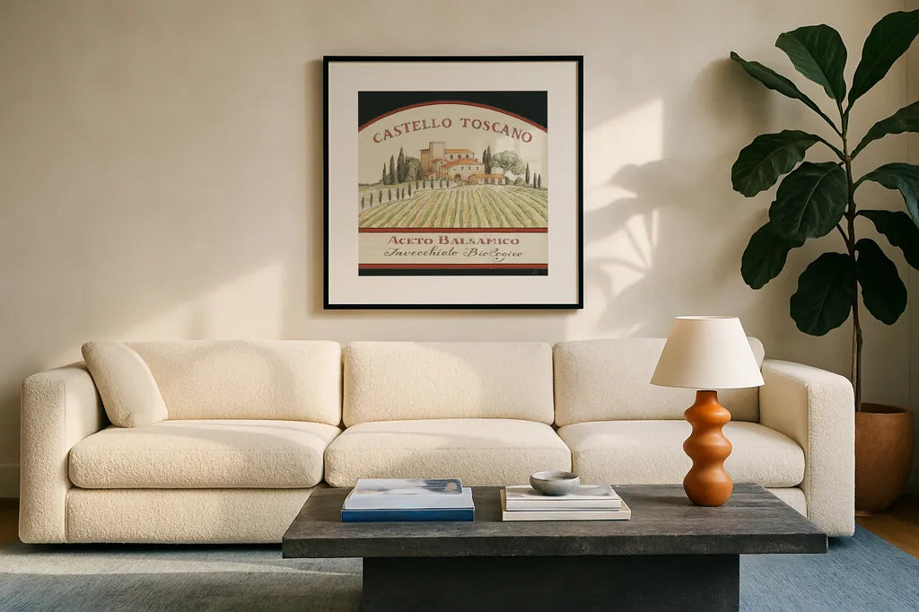Tuscan Flavor IV Balsamic by Daphne Brissonnet. Displayed in a glass frame with matte in a clean modern living room. Available as an archival giclee rolled canvas, fine art paper, or poster print. SKU 48715a.