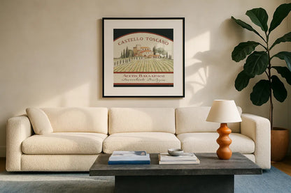 Tuscan Flavor IV Balsamic by Daphne Brissonnet. Displayed in a glass frame with matte in a clean modern living room. Available as an archival giclee rolled canvas, fine art paper, or poster print. SKU 48715a.