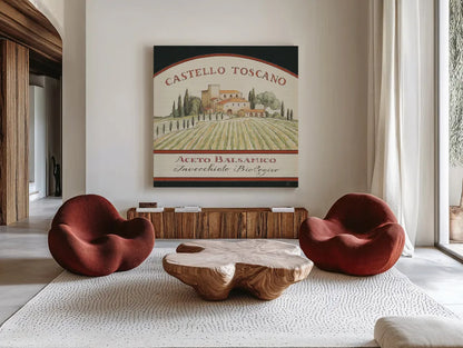 Tuscan Flavor IV Balsamic by Daphne Brissonnet. Shown as extra-large giant wall art in a modern living room. Available as an archival giclee rolled canvas, fine art paper, or poster print. SKU 48715a.
