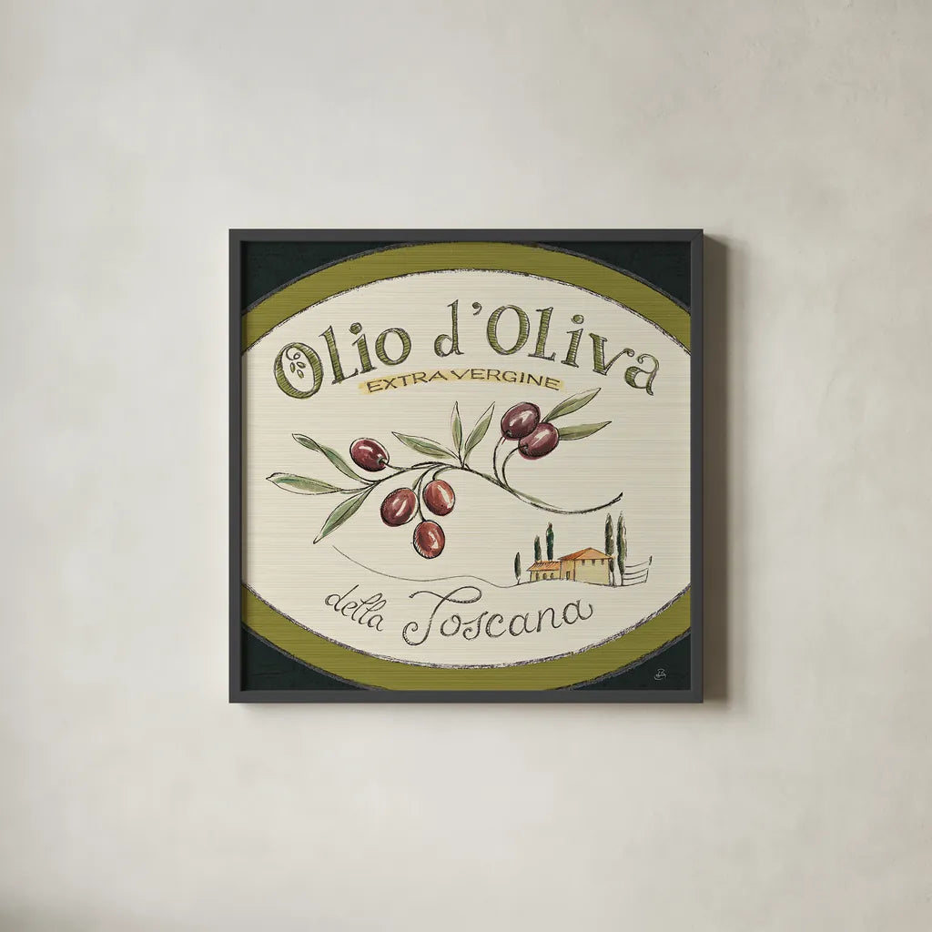 Tuscan Flavor VI by Daphne Brissonnet. Shown in a sleek black glass frame for a contemporary gallery look. Available as an archival giclee rolled canvas, fine art paper, or poster print. SKU 44012a.