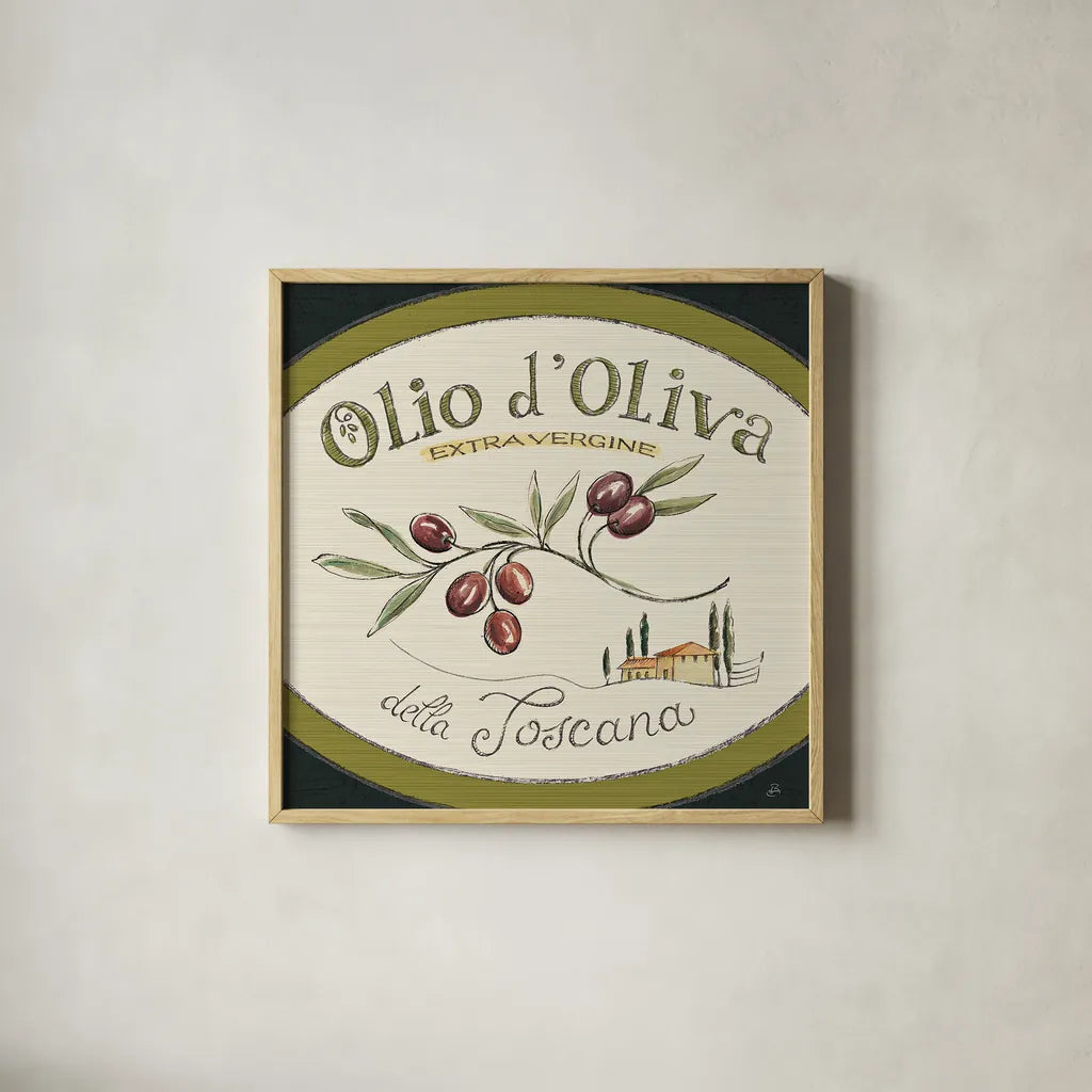 Tuscan Flavor VI by Daphne Brissonnet. Shown in a natural wood glass frame for a timeless modern aesthetic. Available as an archival giclee rolled canvas, fine art paper, or poster print. SKU 44012a.