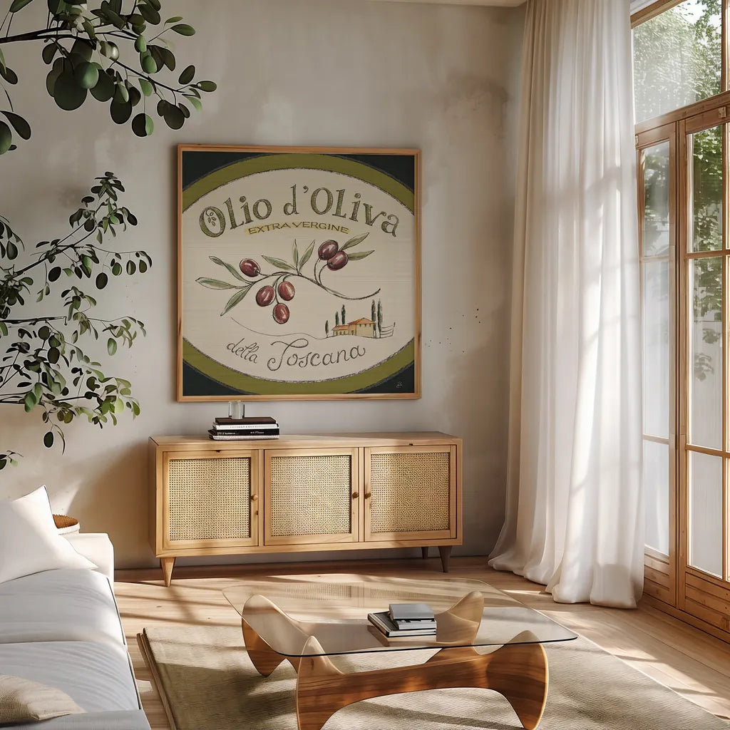 Tuscan Flavor VI by Daphne Brissonnet. Shown in a natural wood frame in a cozy modern living room. Available as an archival giclee rolled canvas, fine art paper, or poster print. SKU 44012a.