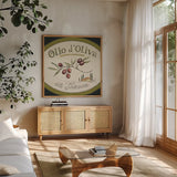 Tuscan Flavor VI by Daphne Brissonnet. Shown in a natural wood frame in a cozy modern living room. Available as an archival giclee rolled canvas, fine art paper, or poster print. SKU 44012a.