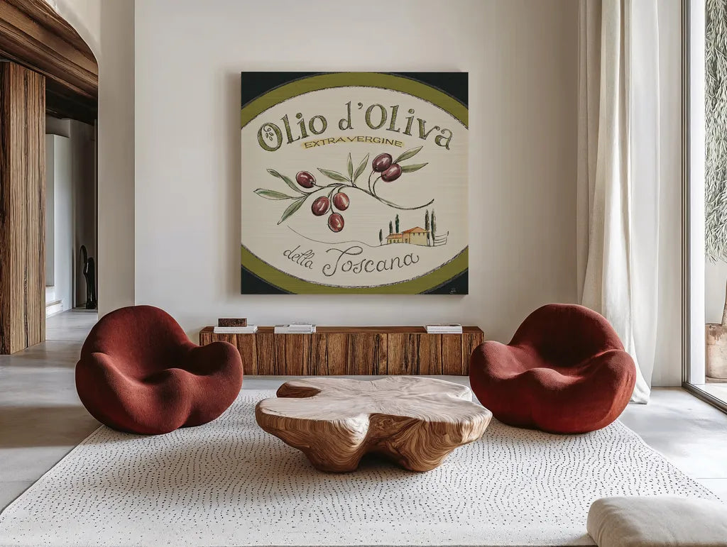 Tuscan Flavor VI by Daphne Brissonnet. Shown as extra-large giant wall art in a modern living room. Available as an archival giclee rolled canvas, fine art paper, or poster print. SKU 44012a.