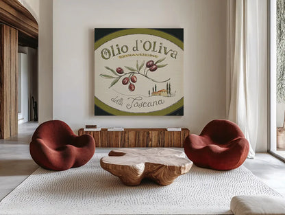 Tuscan Flavor VI by Daphne Brissonnet. Shown as extra-large giant wall art in a modern living room. Available as an archival giclee rolled canvas, fine art paper, or poster print. SKU 44012a.