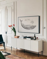 Underwater Life I by Daphne Brissonnet. shown as a framed stretched canvas in a living room above a console. Available as a archival giclee rolled canvas, fine art paper, or poster print. SKU 33457i.