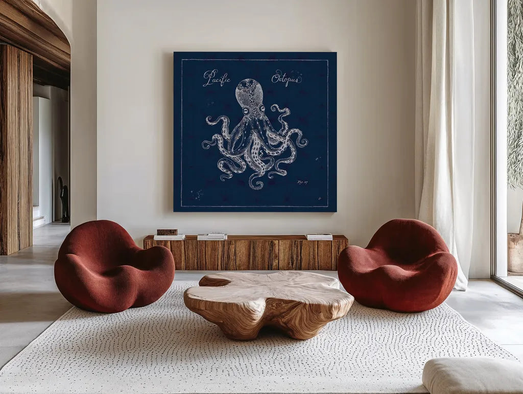 Underwater Life X by Daphne Brissonnet. Shown as extra-large giant wall art in a modern living room. Available as an archival giclee rolled canvas, fine art paper, or poster print. SKU 33466a.