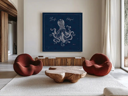 Underwater Life X by Daphne Brissonnet. Shown as extra-large giant wall art in a modern living room. Available as an archival giclee rolled canvas, fine art paper, or poster print. SKU 33466a.