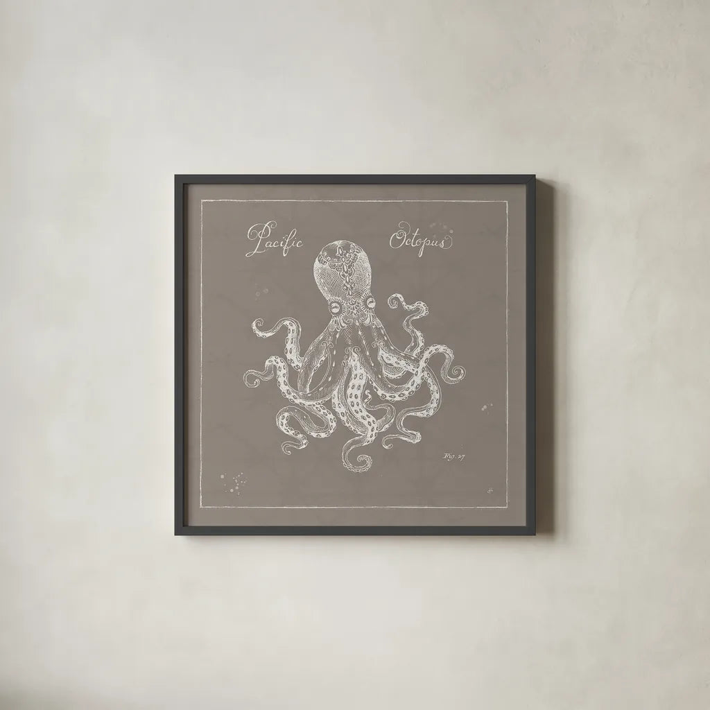 Underwater Life X Greige by Daphne Brissonnet. Shown in a sleek black glass frame for a contemporary gallery look. Available as an archival giclee rolled canvas, fine art paper, or poster print. SKU 33474a.
