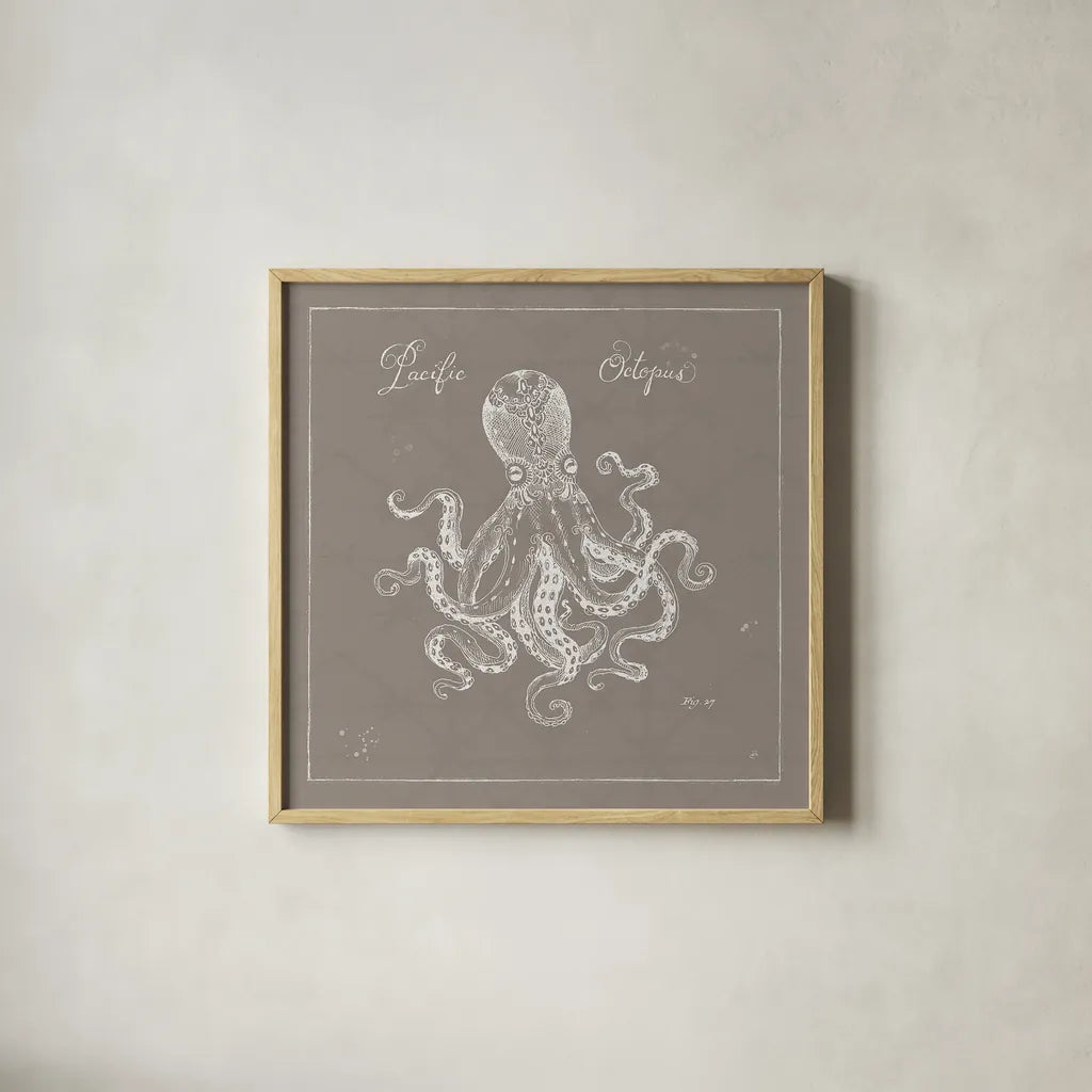 Underwater Life X Greige by Daphne Brissonnet. Shown in a natural wood glass frame for a timeless modern aesthetic. Available as an archival giclee rolled canvas, fine art paper, or poster print. SKU 33474a.