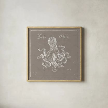 Underwater Life X Greige by Daphne Brissonnet. Shown in a natural wood glass frame for a timeless modern aesthetic. Available as an archival giclee rolled canvas, fine art paper, or poster print. SKU 33474a.