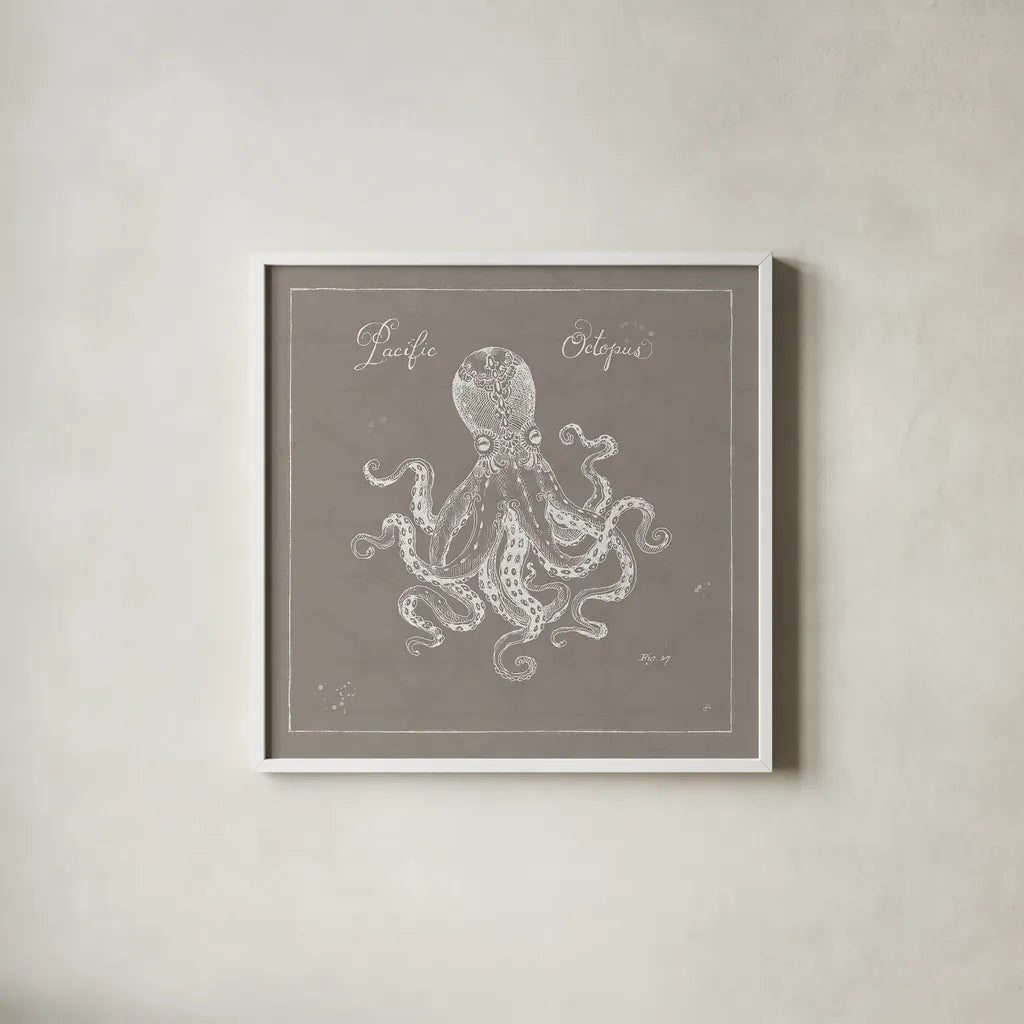 Underwater Life X Greige by Daphne Brissonnet. Shown in a crisp white glass frame for a clean and minimalist style. Available as an archival giclee rolled canvas, fine art paper, or poster print. SKU 33474a.