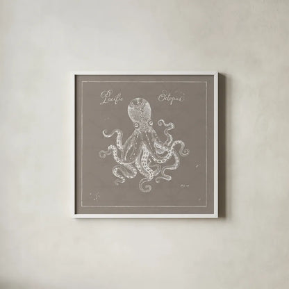 Underwater Life X Greige by Daphne Brissonnet. Shown in a crisp white glass frame for a clean and minimalist style. Available as an archival giclee rolled canvas, fine art paper, or poster print. SKU 33474a.