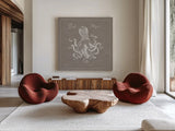 Underwater Life X Greige by Daphne Brissonnet. Shown as extra-large giant wall art in a modern living room. Available as an archival giclee rolled canvas, fine art paper, or poster print. SKU 33474a.
