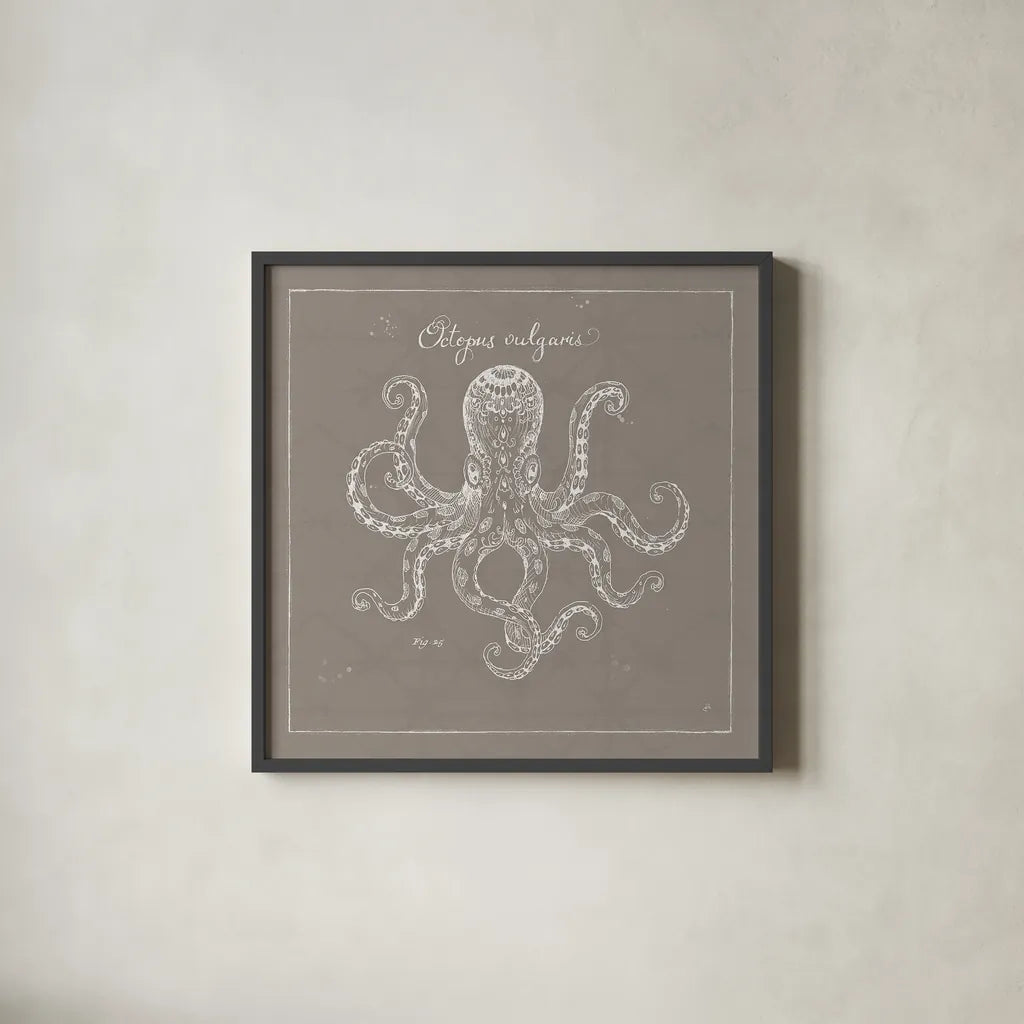 Underwater Life XI Greige by Daphne Brissonnet. Shown in a sleek black glass frame for a contemporary gallery look. Available as an archival giclee rolled canvas, fine art paper, or poster print. SKU 33475a.