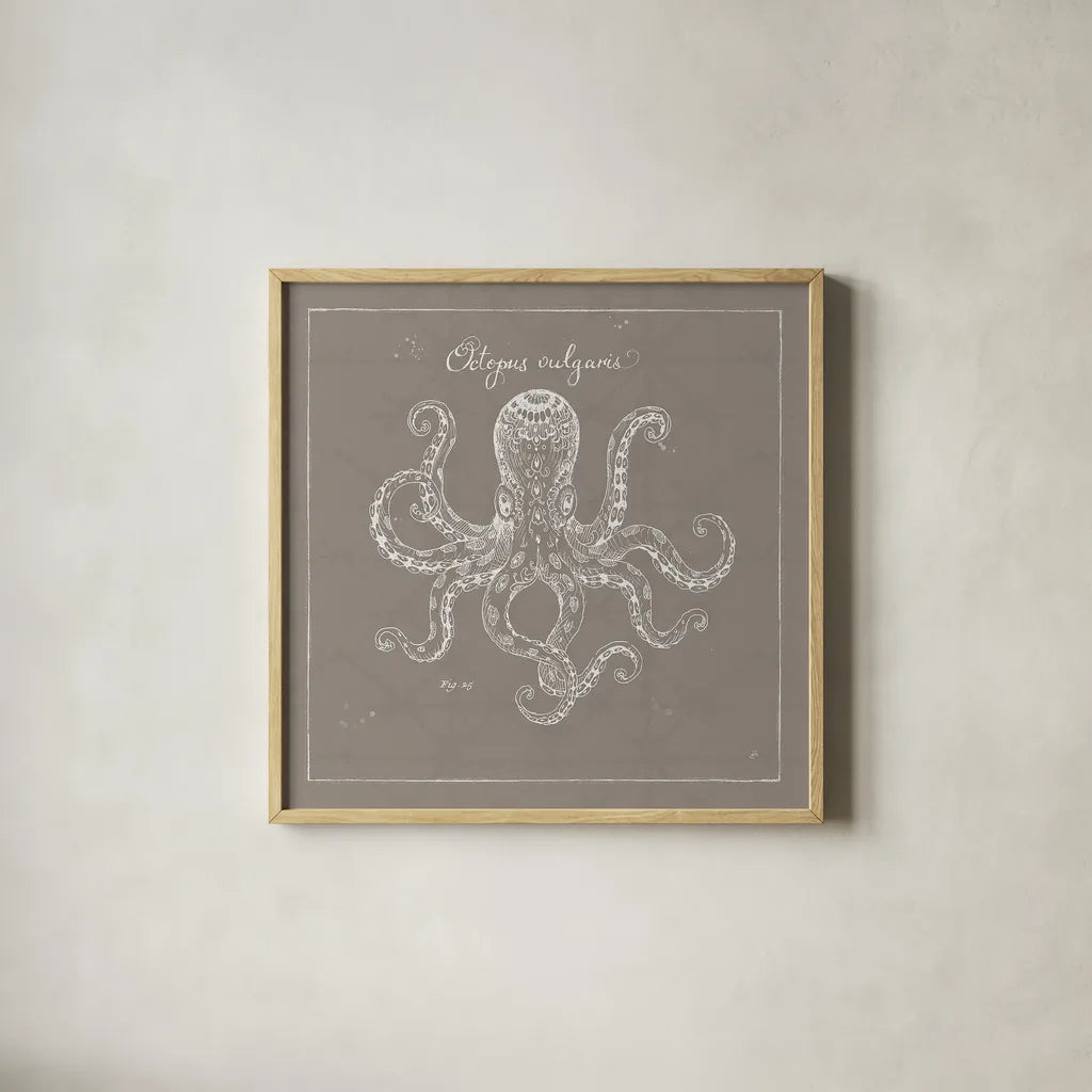 Underwater Life XI Greige by Daphne Brissonnet. Shown in a natural wood glass frame for a timeless modern aesthetic. Available as an archival giclee rolled canvas, fine art paper, or poster print. SKU 33475a.