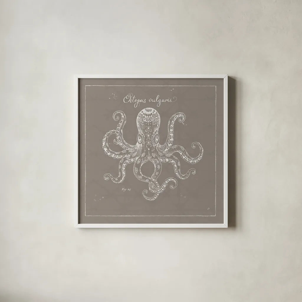 Underwater Life XI Greige by Daphne Brissonnet. Shown in a crisp white glass frame for a clean and minimalist style. Available as an archival giclee rolled canvas, fine art paper, or poster print. SKU 33475a.