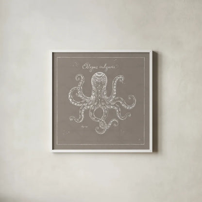 Underwater Life XI Greige by Daphne Brissonnet. Shown in a crisp white glass frame for a clean and minimalist style. Available as an archival giclee rolled canvas, fine art paper, or poster print. SKU 33475a.