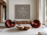Underwater Life XI Greige by Daphne Brissonnet. Shown as extra-large giant wall art in a modern living room. Available as an archival giclee rolled canvas, fine art paper, or poster print. SKU 33475a.
