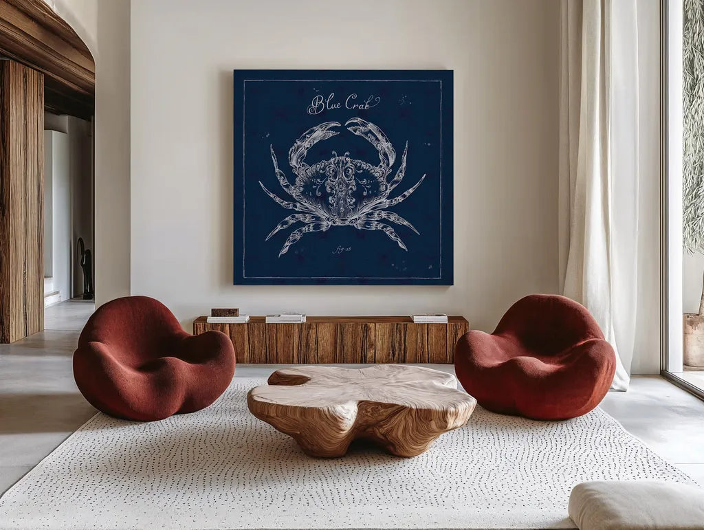 Underwater Life XII by Daphne Brissonnet. Shown as extra-large giant wall art in a modern living room. Available as an archival giclee rolled canvas, fine art paper, or poster print. SKU 33468a.