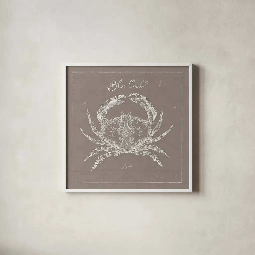 Underwater Life XII Greige by Daphne Brissonnet. Shown in a crisp white glass frame for a clean and minimalist style. Available as an archival giclee rolled canvas, fine art paper, or poster print. SKU 33476a.