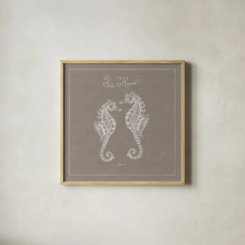 Underwater Life XIII Greige by Daphne Brissonnet. Shown in a natural wood glass frame for a timeless modern aesthetic. Available as an archival giclee rolled canvas, fine art paper, or poster print. SKU 33477a.